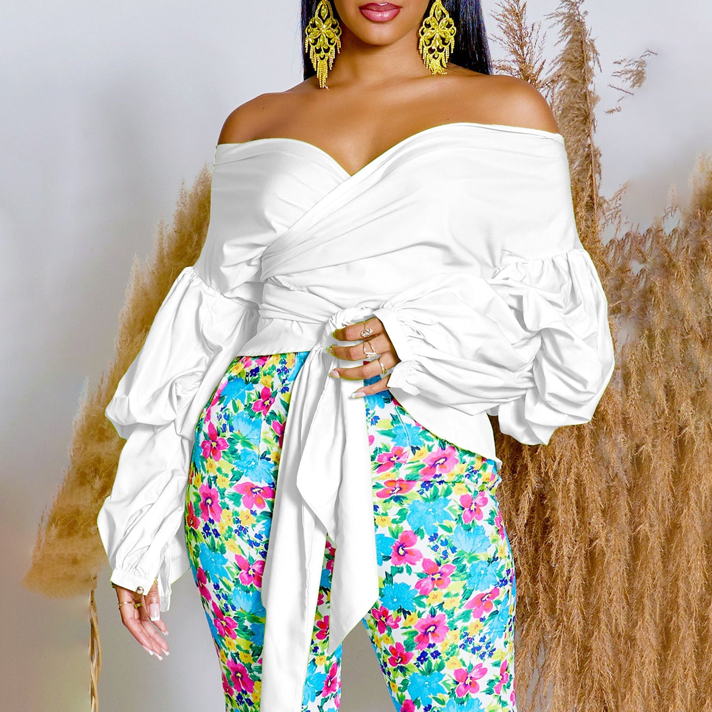 Summer Fashion Solid Color Off-Shoulder Cross Lace-Up Puff Sleeve Sexy V-Neck Shirt African Top 3