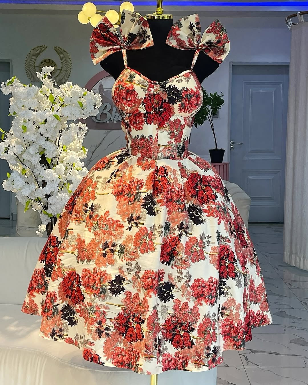 Women spring elegant floral suspender bow dress 3