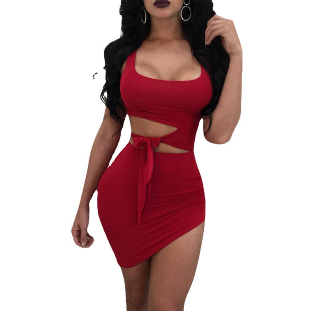 Women'S Summer Sexy Open Waist Belted Round Neck Sleeveless Irregular Dress 7