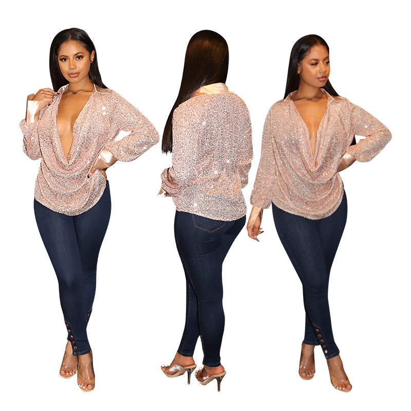 Women's Deep V Pleated Loose Ladies Chic Sequin Long Sleeve Shirt 10