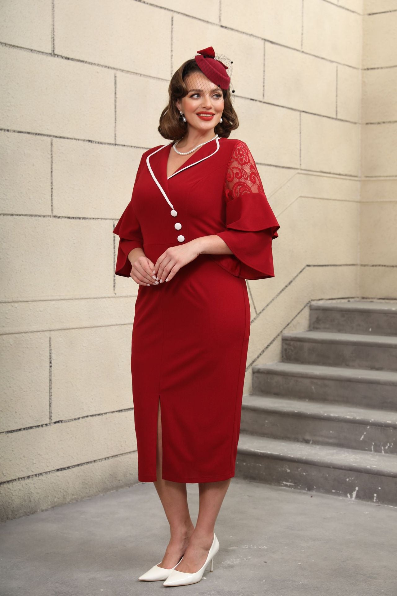 Fashion Turndown Collar Contrast Bell Bottom Sleeve Plus-Size Formal Party Dress 3