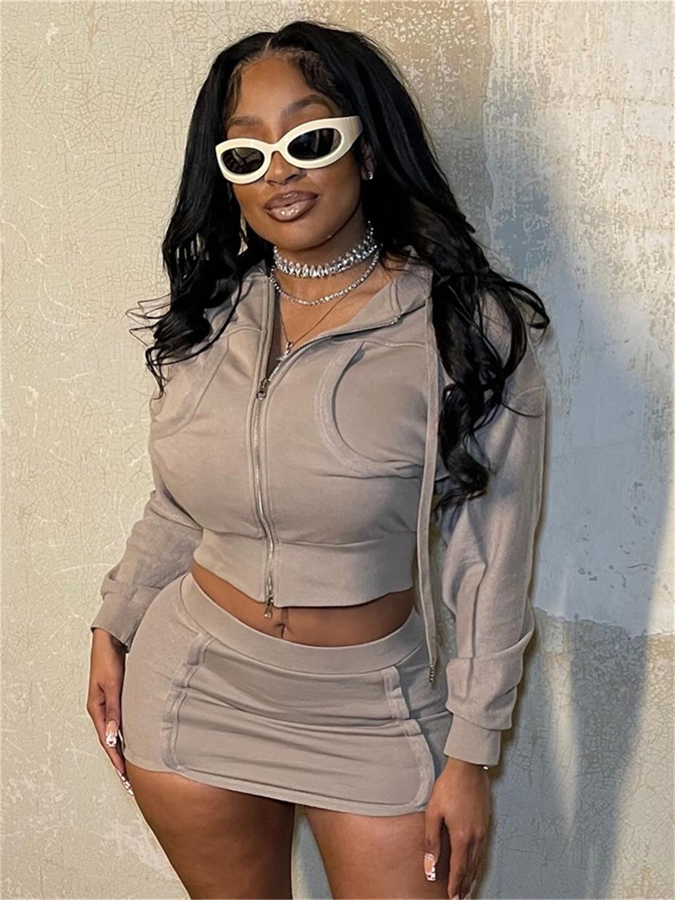 Spring Solid Color Casual Zippered Long Sleeve Hoodies slim short Skirt Set 7