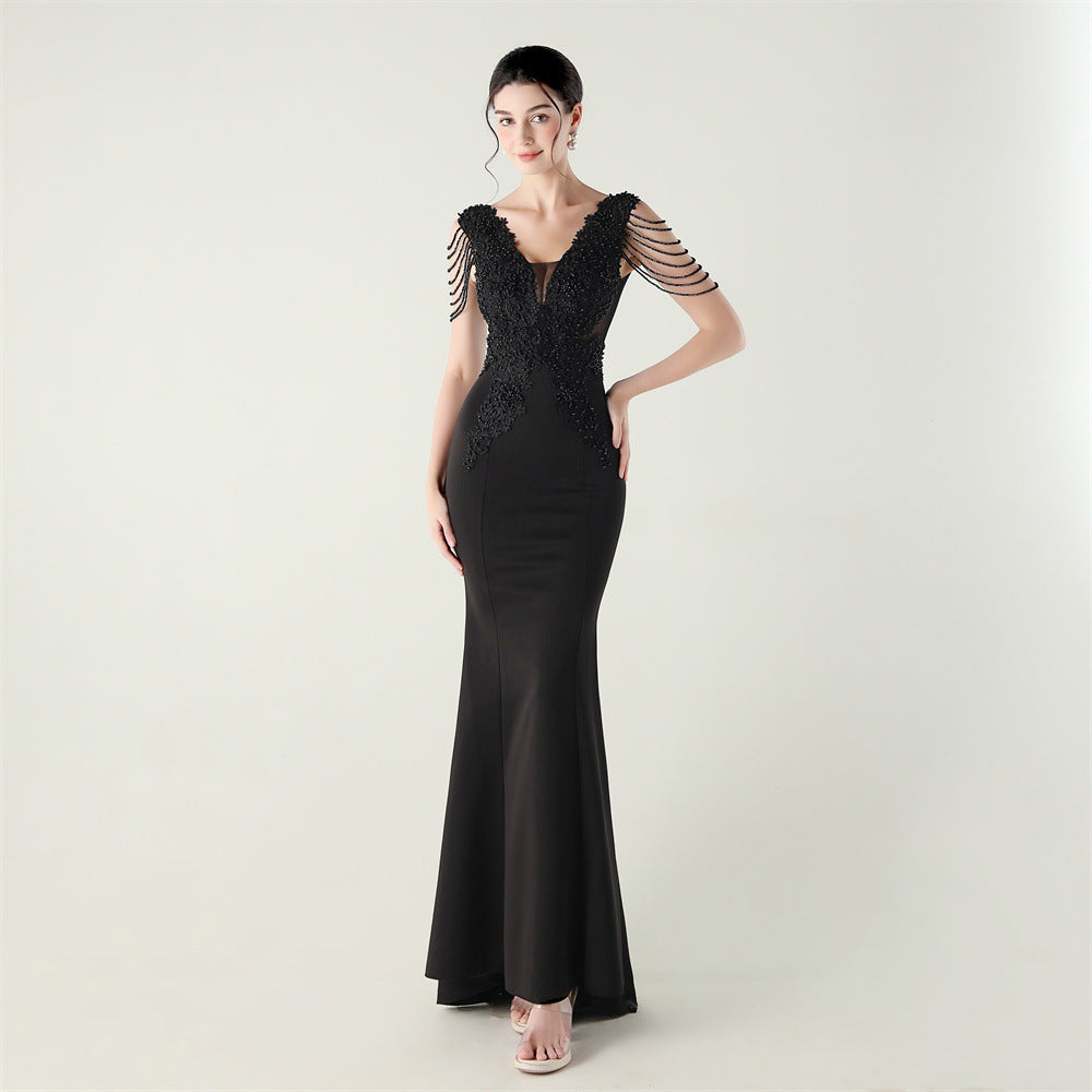 Women Heavy Beaded Applique Fishbone Train Lace-Up Formal Party Evening dress 14