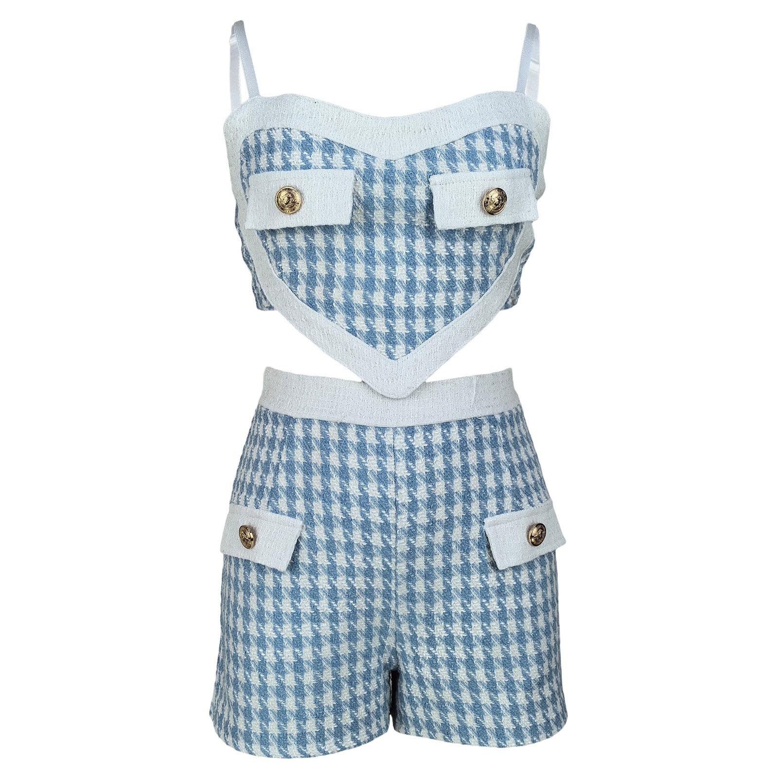 Women Houndstooth Sexy Crop Top and Shorts Two-piece Set 9