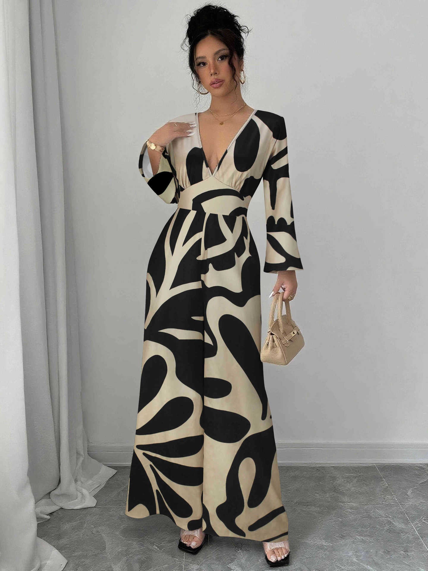 Women Elegant V-Neck Long-Sleeved Jumpsuit 5