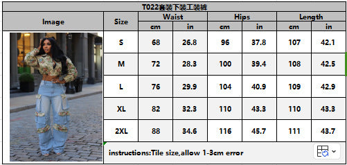 Women autumn flowers jacket and denim cargo pant two piece set 10