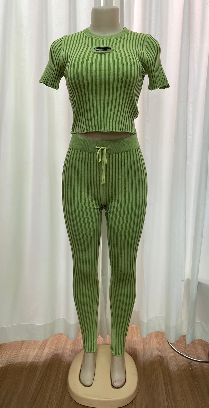 knitting hollow short sleeve High Waist Slim two piece Pants Set 4