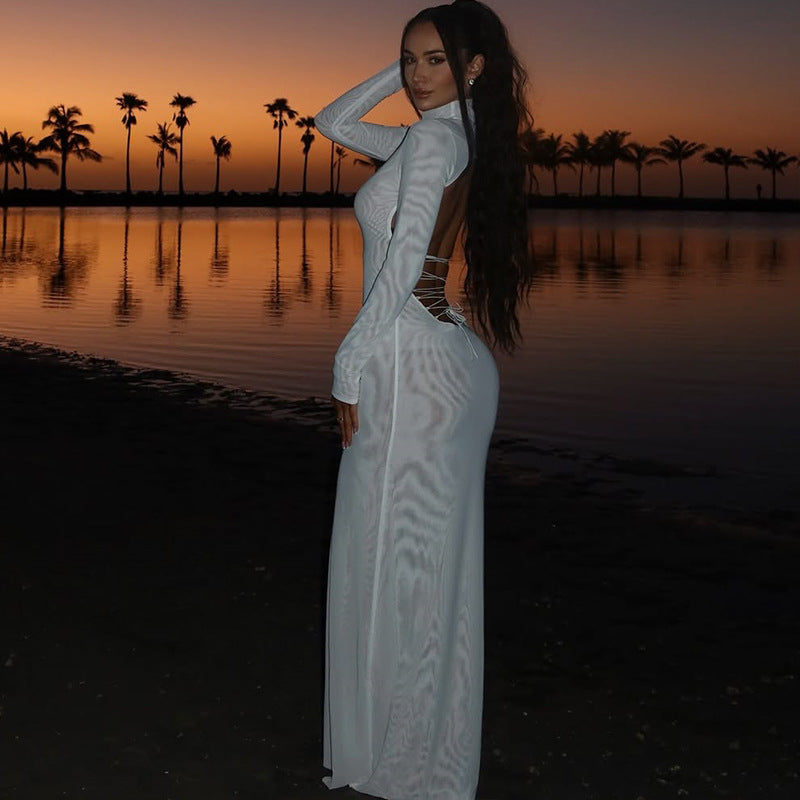 Women Elegant Sexy Backless Stand Collar Long Sleeve Solid Maxi Dress 5