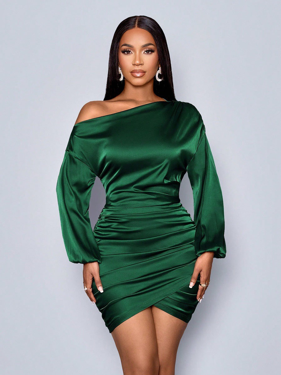 Women Fall Slash Shoulder Long-Sleeved Satin Dress 6