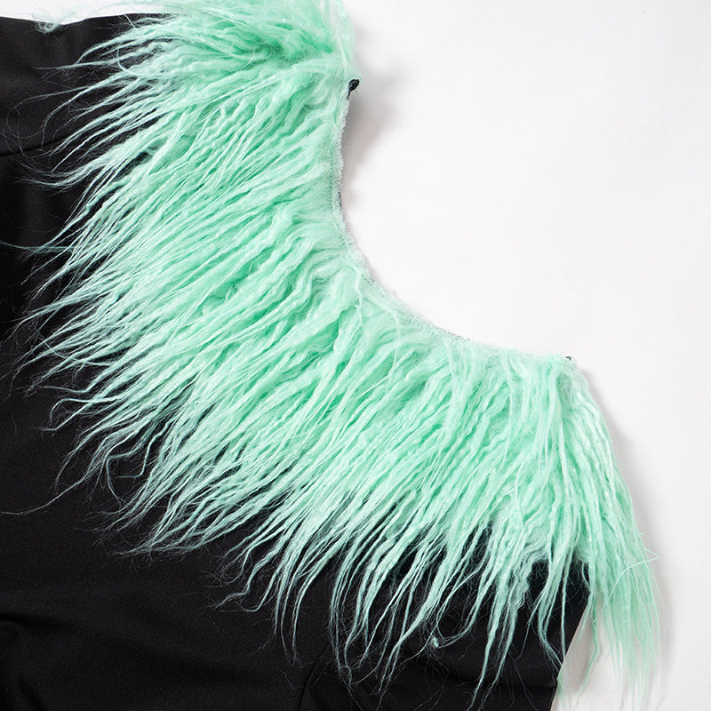 Women's Autumn Fur Collar Patchwork Solid Color Casual Low Back Long Sleeve Slim Dress 14