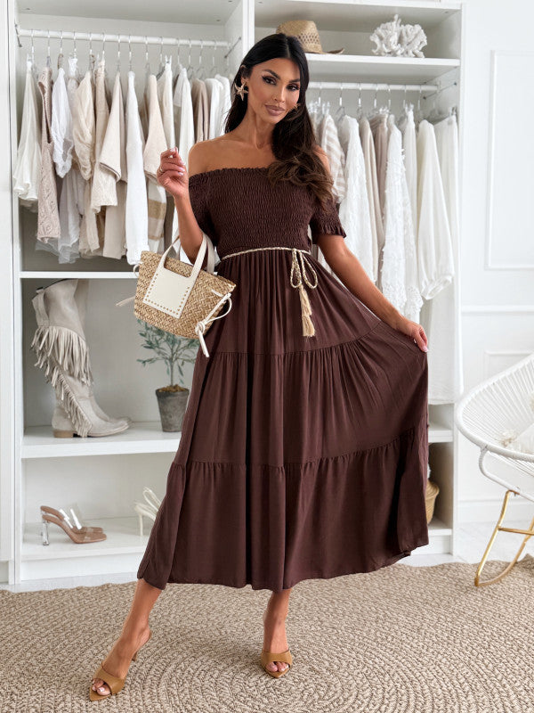 Women's Summer Solid Color Off-Shoulder Sexy Short Sleeve Slim Waist Belt Dress 10