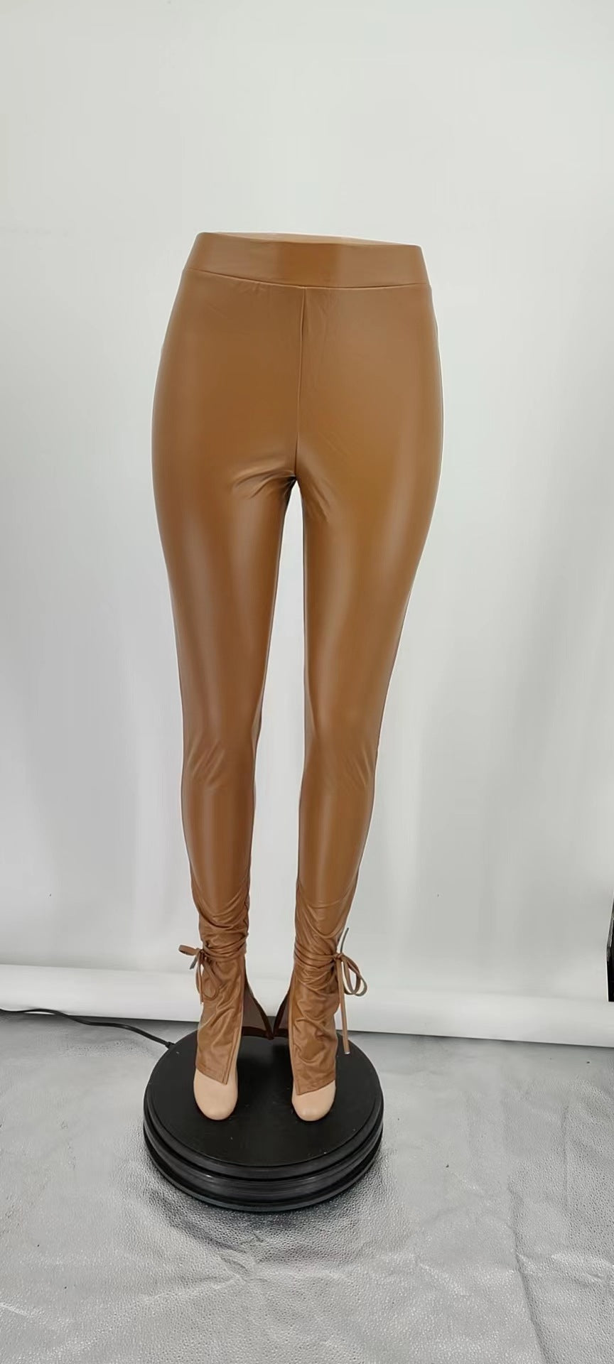 Women Fall Stretch Lace-Up Bell Bottom Side Slit Pu Leather Pants 14