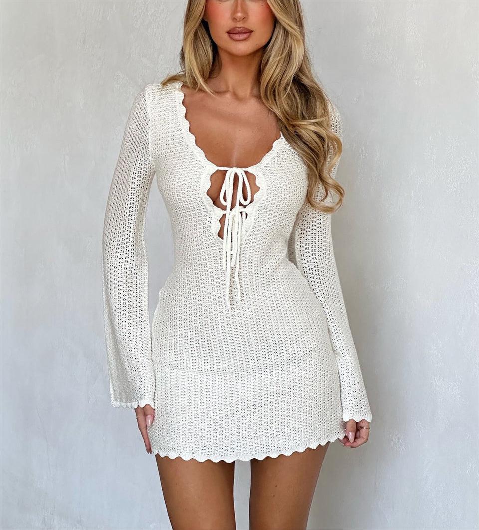Women's Sexy Long-Sleeve Lace-Up Knitted Mini Dress 3
