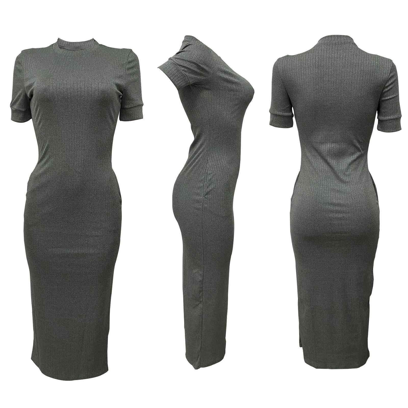 Summer Women's Fashion Round Neck Solid Rib Short Sleeve Sexy Slim Long Dress 13