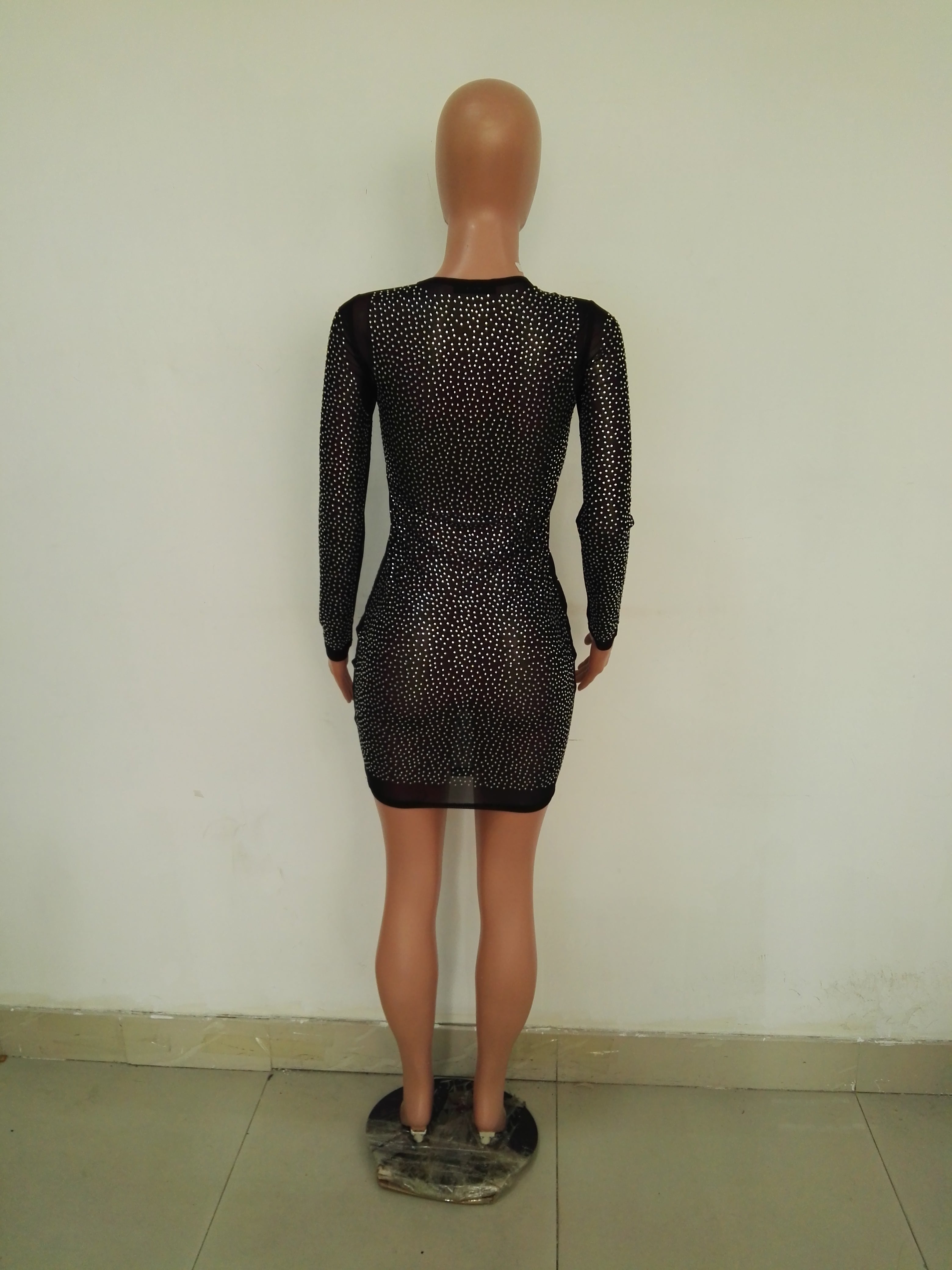 Women's See Through Mesh Beaded Long Sleeve Club Dress 8