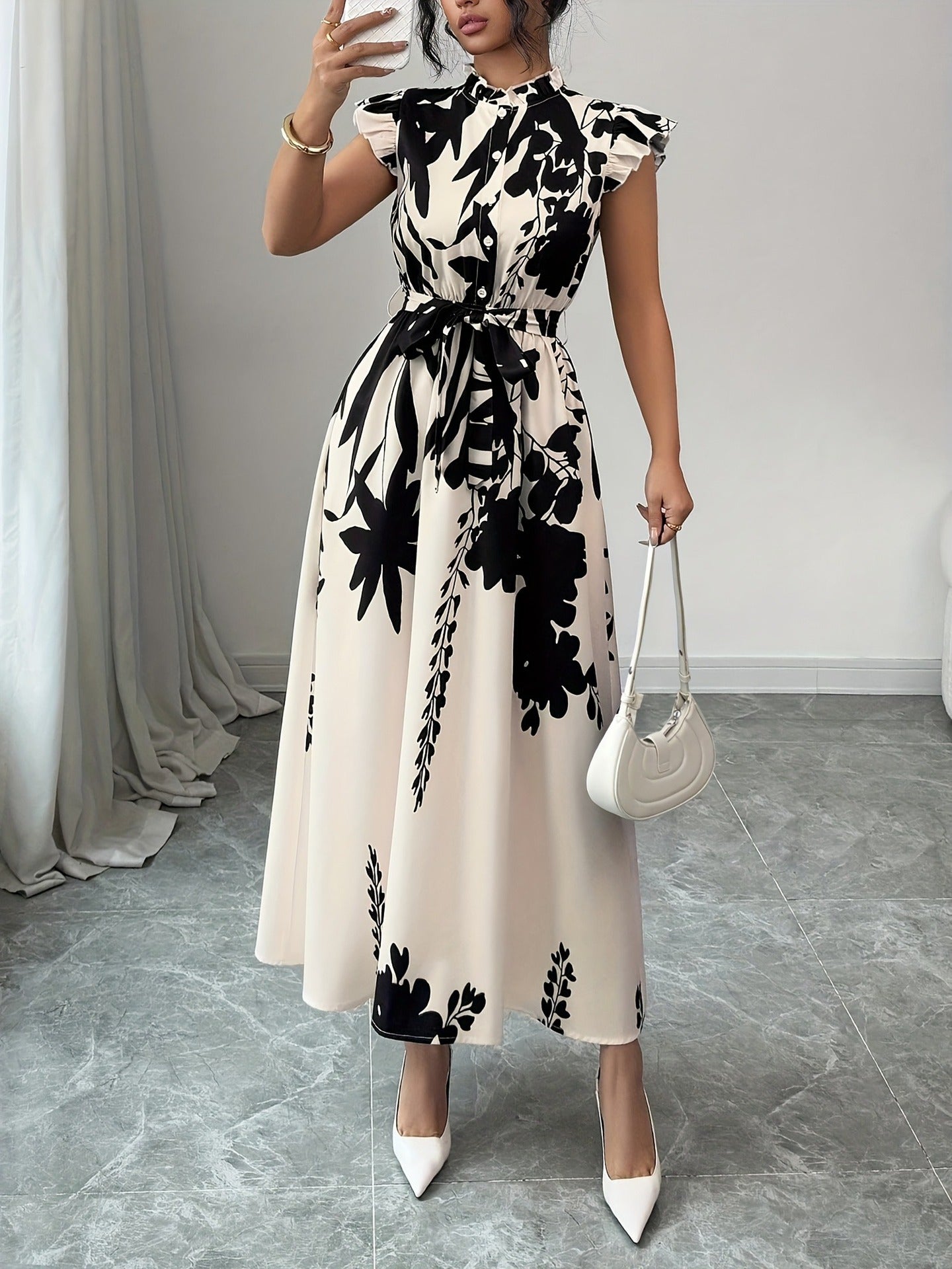 Women's Print Stand Collar Button-Down Ruffle Sleeves Slim Waist Belt Maxi Dress