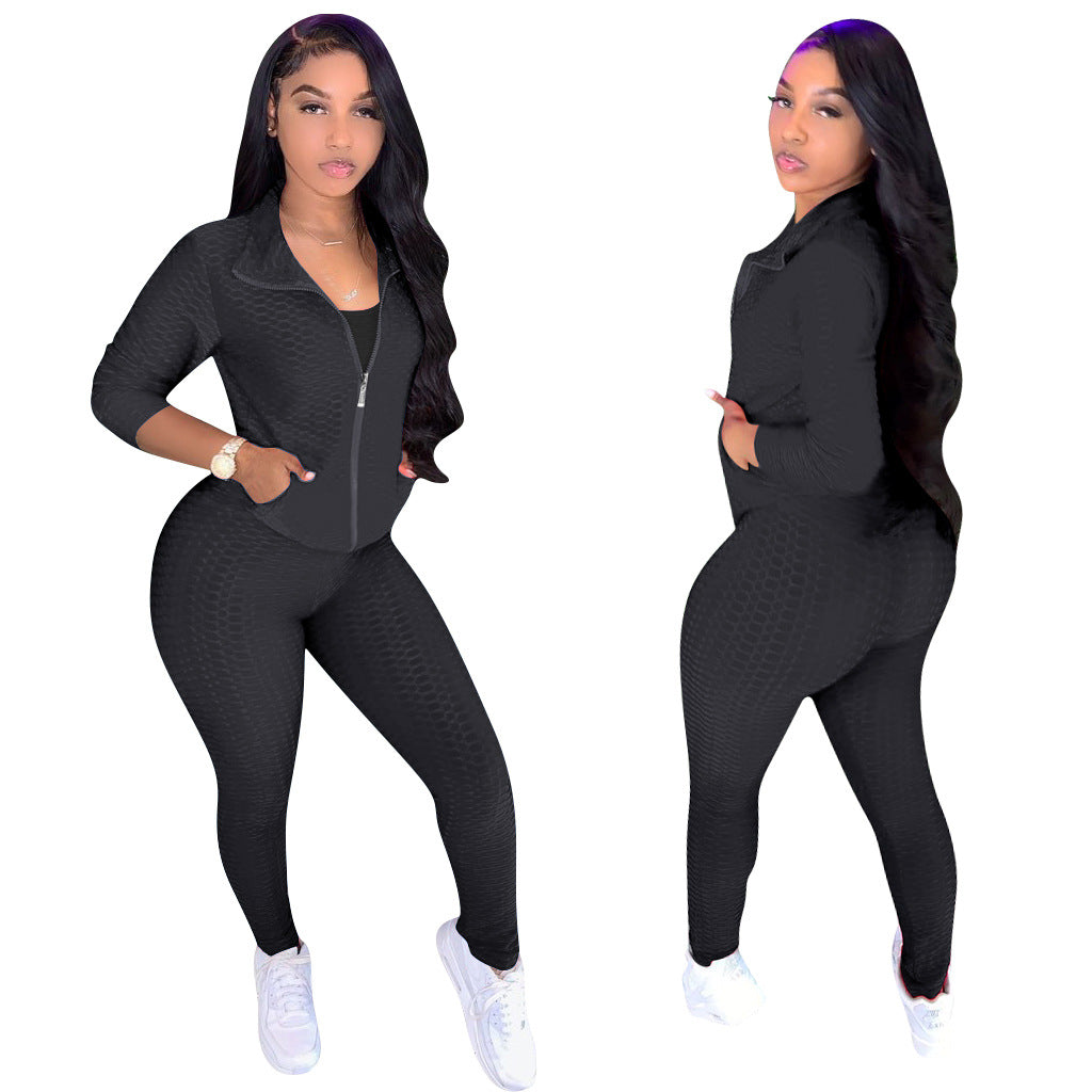 Women's Stand Collar Hoodless Jacquard High Stretch Fabric Long Sleeve Pant Set Two Piece 5
