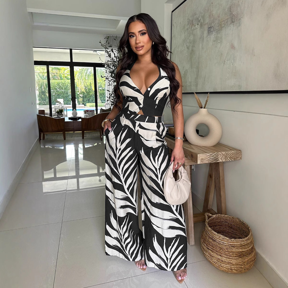 Women Printed Halter Neck Top and Wide-leg Pants Two-piece Set 6
