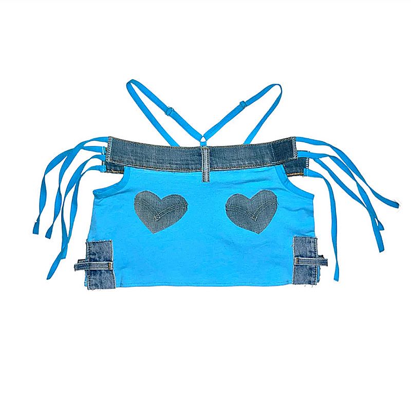 Women Backless Sexy lace-up vest suspender bra sleeves set / Denim Patchwork Mini Skirt 3