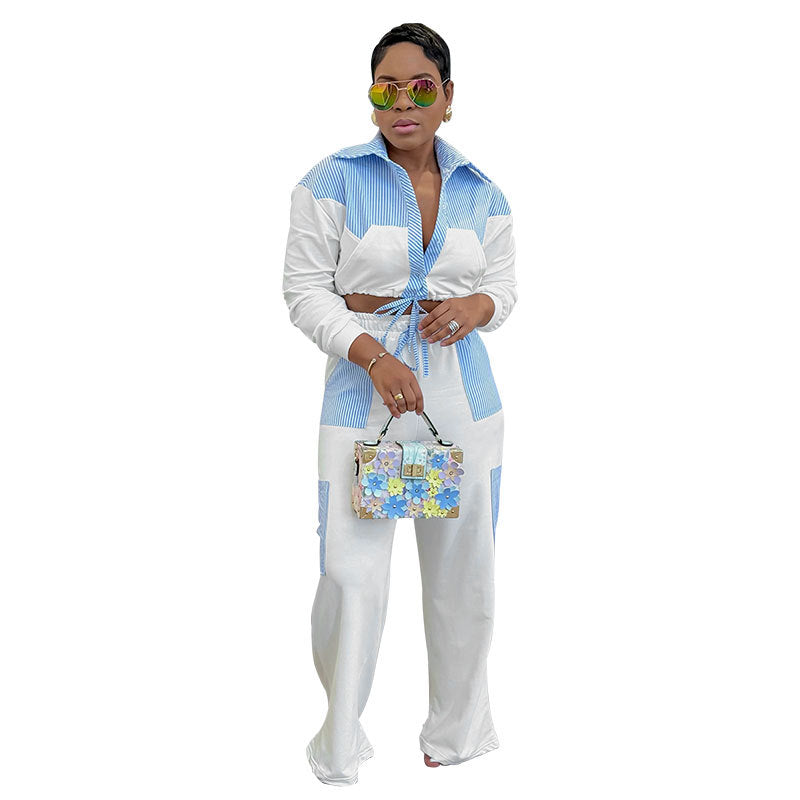 Women Casual striped color-blocked long-sleeved shirt and trousers two-piece set 6