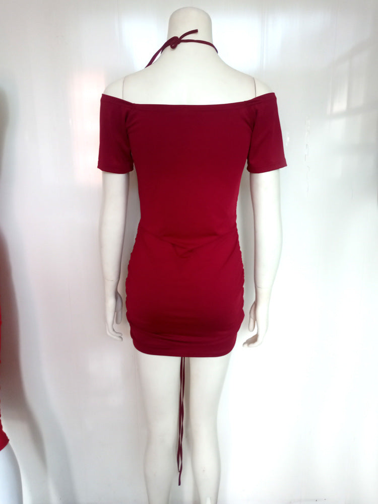 Women Off Shoulder Halter Neck Drawstring Pleated Bodycon Dress 16