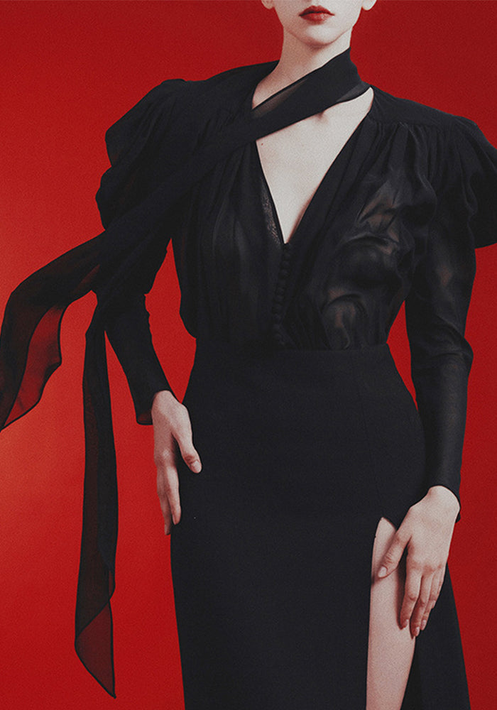 Women V-neck tie top irregular mesh shirt