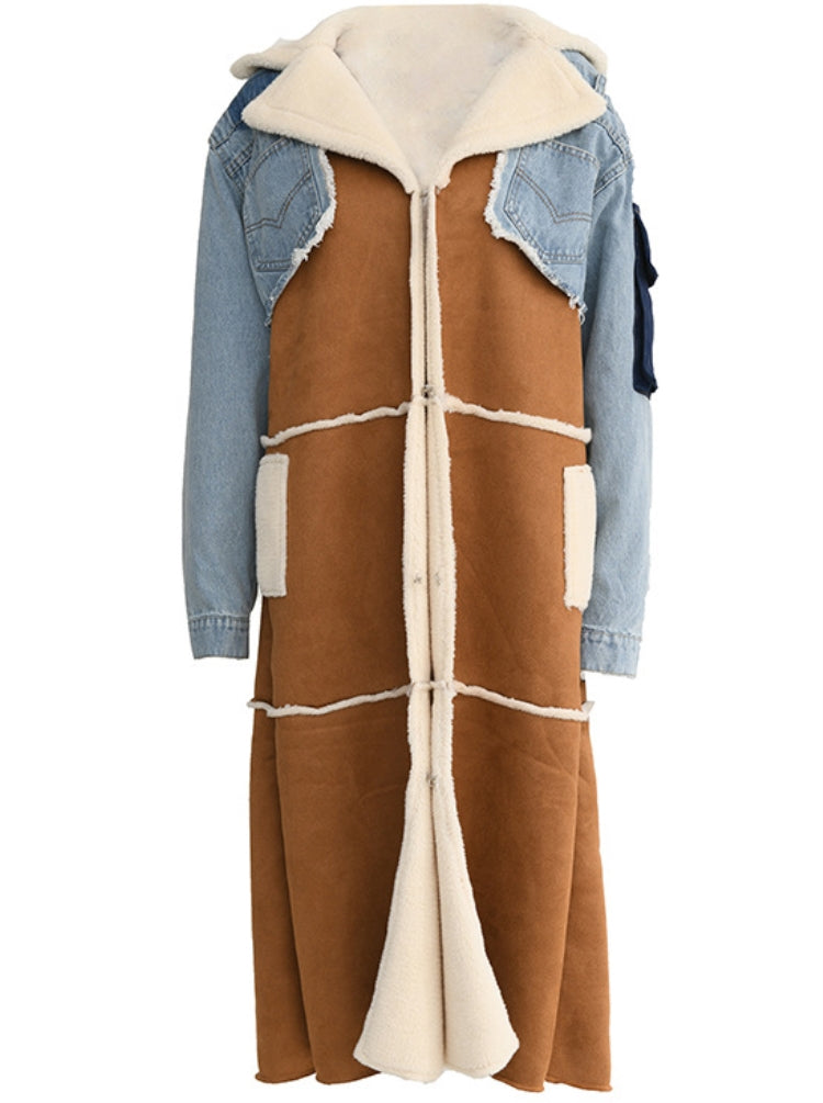 Winter Blue Denim Patch Fleece Full Sleeves Thick Long Coat 11