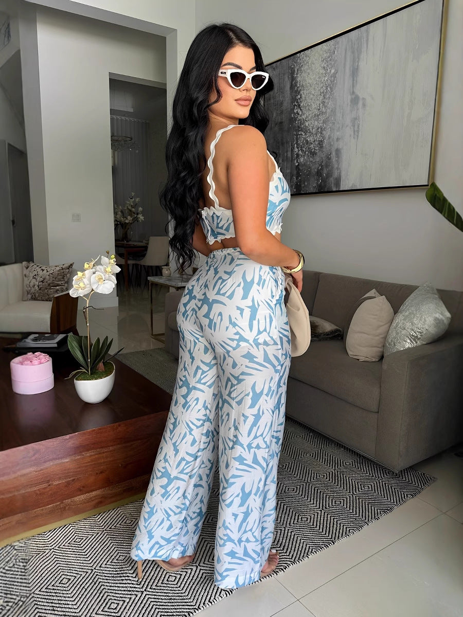 Women summer print sexy suspender wrap chest lace contrast color Top and Bell Bottom Pants Two Piece Set 6