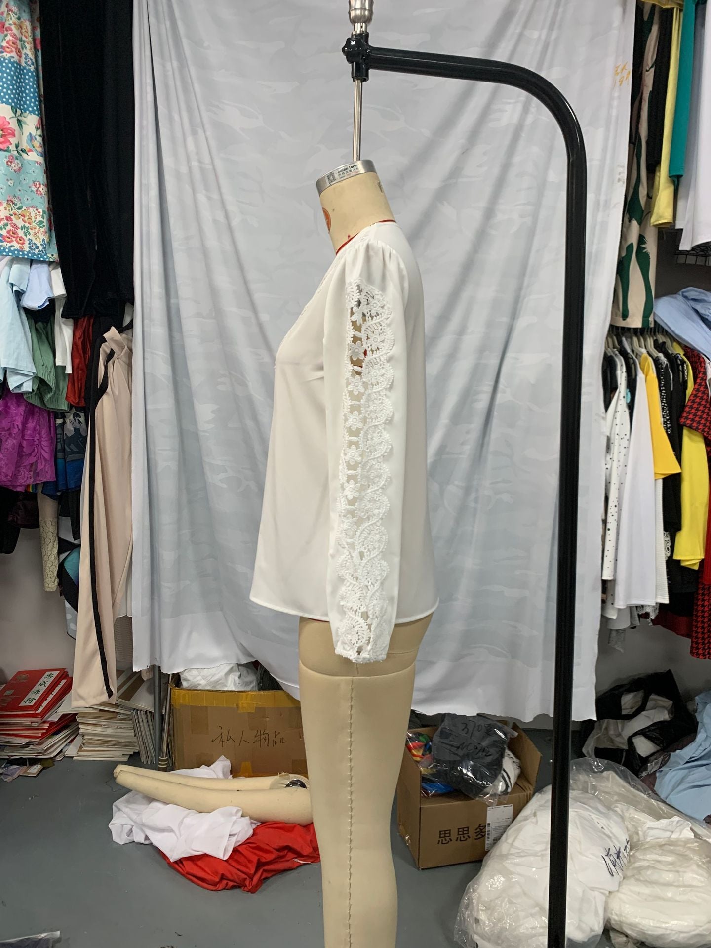 Women Solid Button Lace Patchwork V-neck shirt 6