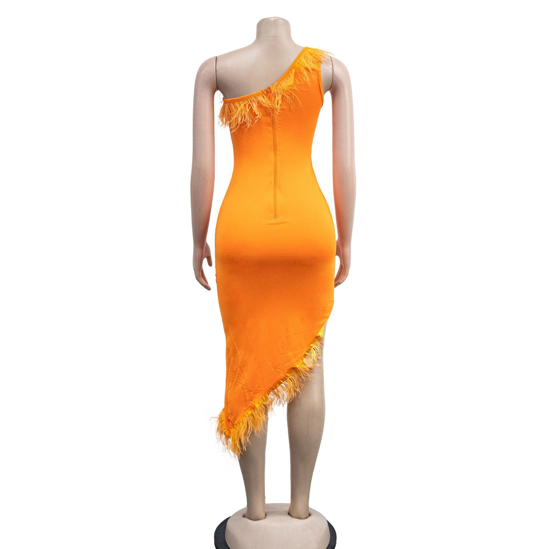 Solid color V-neck sleeveless feather irregular skirt dress 35