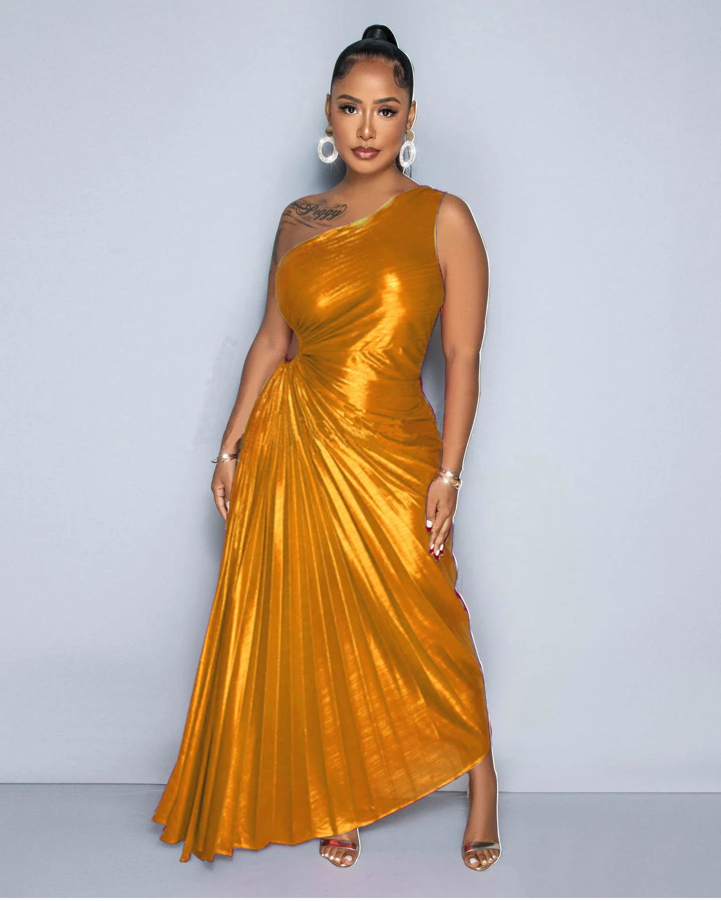 Women Pleated Slash Shoulder Shiny Dress 13