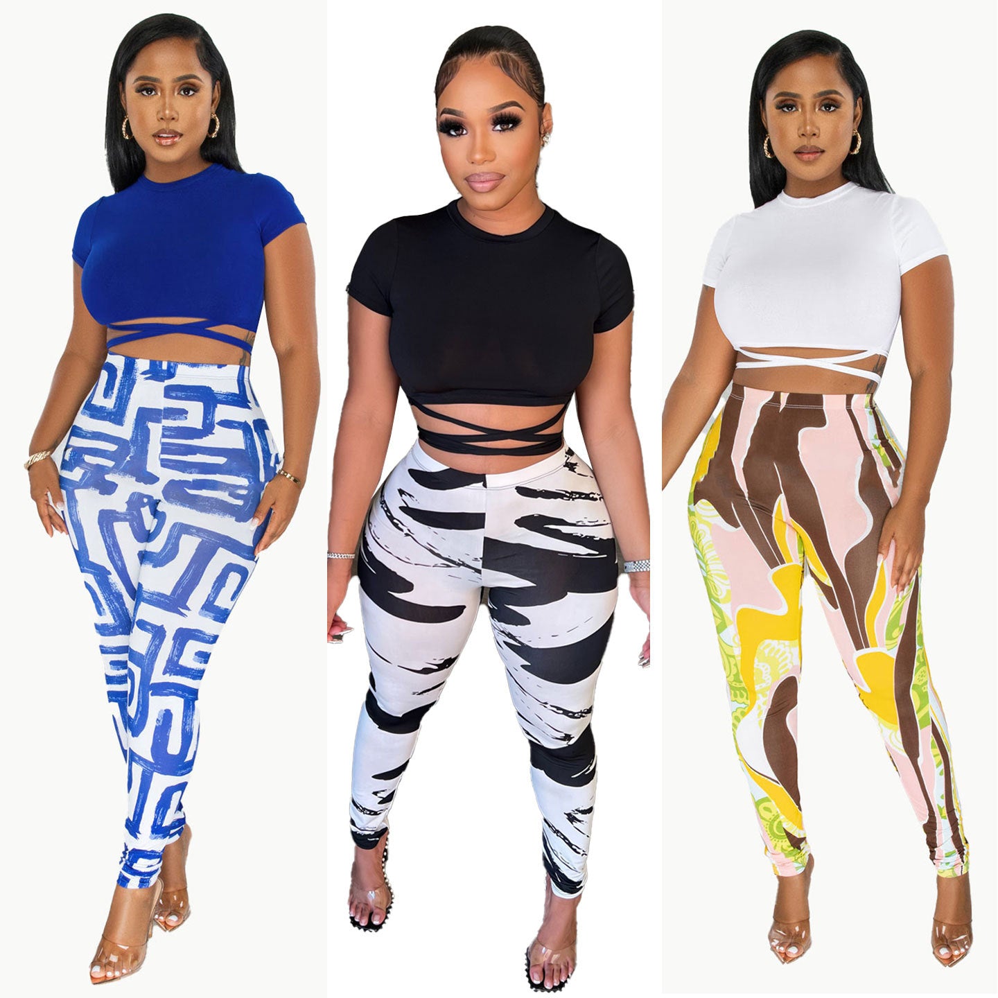 Women Sexy Short Sleeve Top+ Printed Trousers Two-piece Set