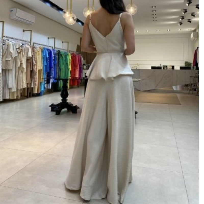 Spring Summer Fashionable Solid Color Sleeveless Strap Wide Leg Loose Women's Jumpsuit 5