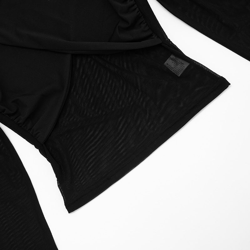 Women Autumn/Winter Cross-Gathered Double-Collared Top and See-Through Mesh Skirt with Three-Piece Knee Pads 22