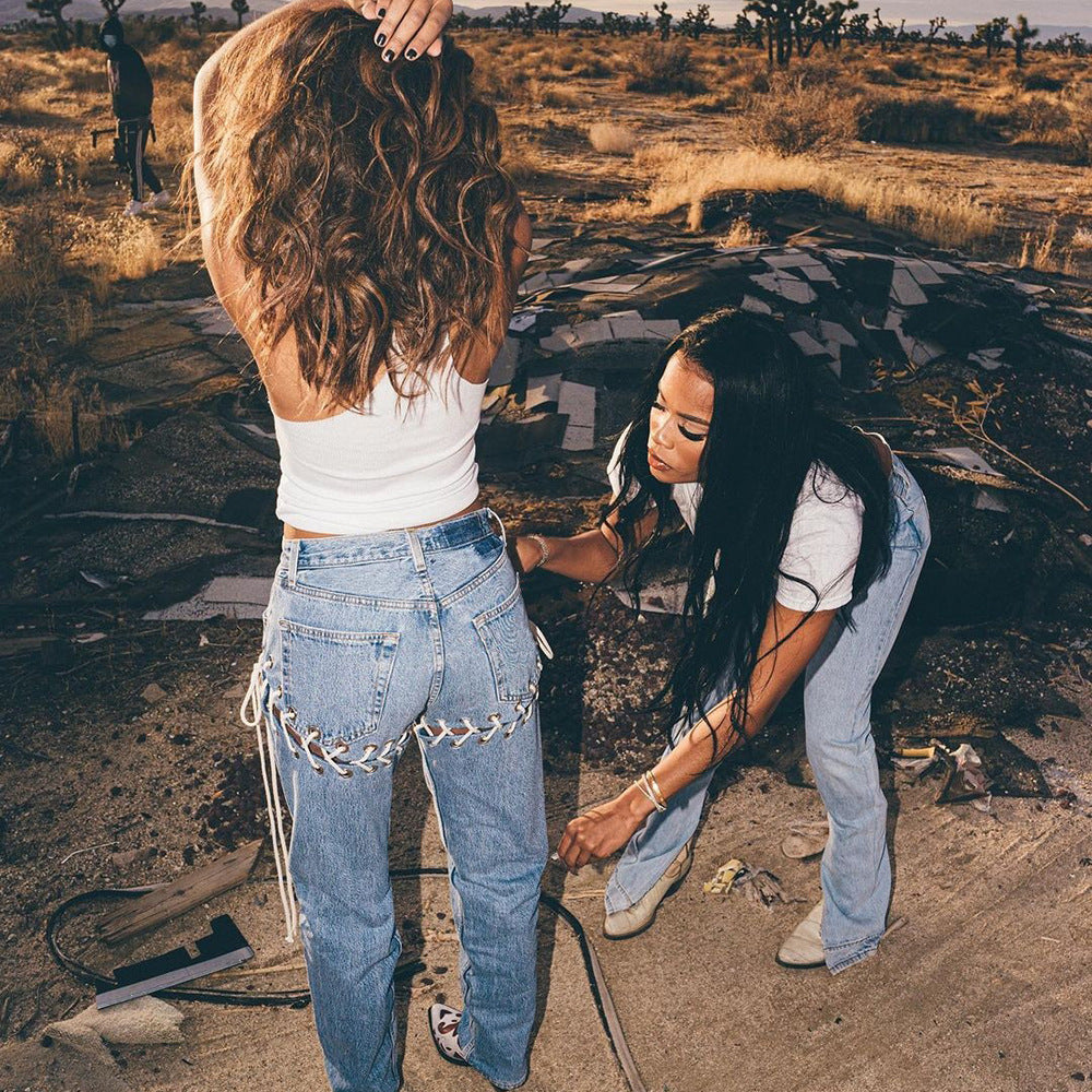 Women's Pants Sexy Baggy Plus Size Pants Casual Butt Hole Lace-Up Denim Pants 5