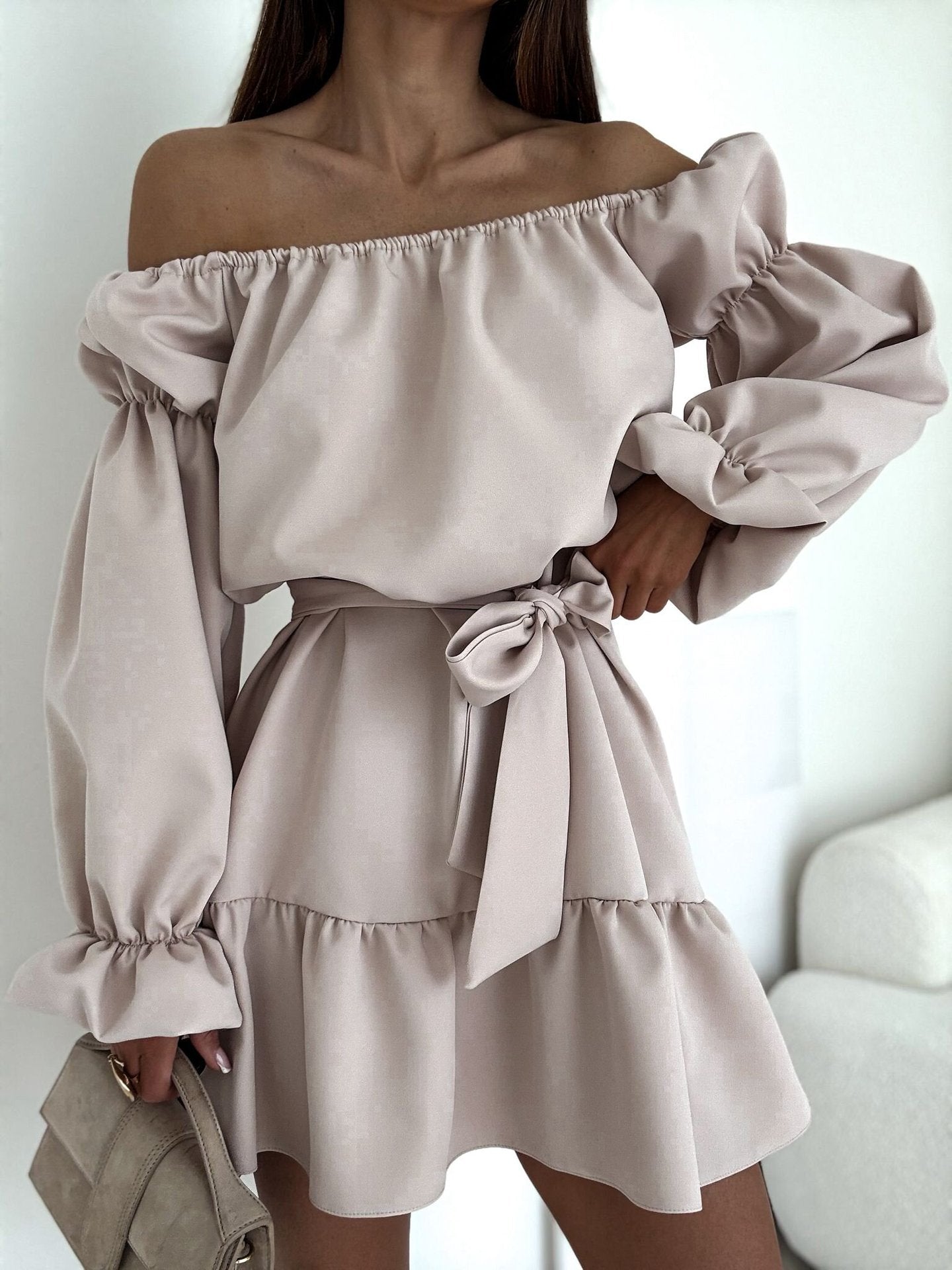 Women Fall Casual Solid Off-Shoulder Dress 10