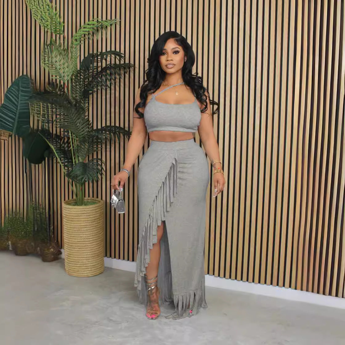 Women's Fashion Trend Ribbed Solid Color Slit Tassel Long Skirt Tank Top Two Piece Set