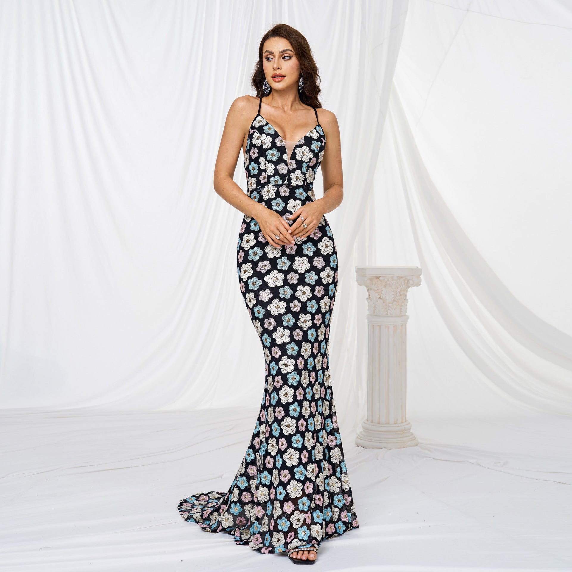 Women Suspender V Neck Bodycon Sequin Formal Party Fishtail Evening Dress 7