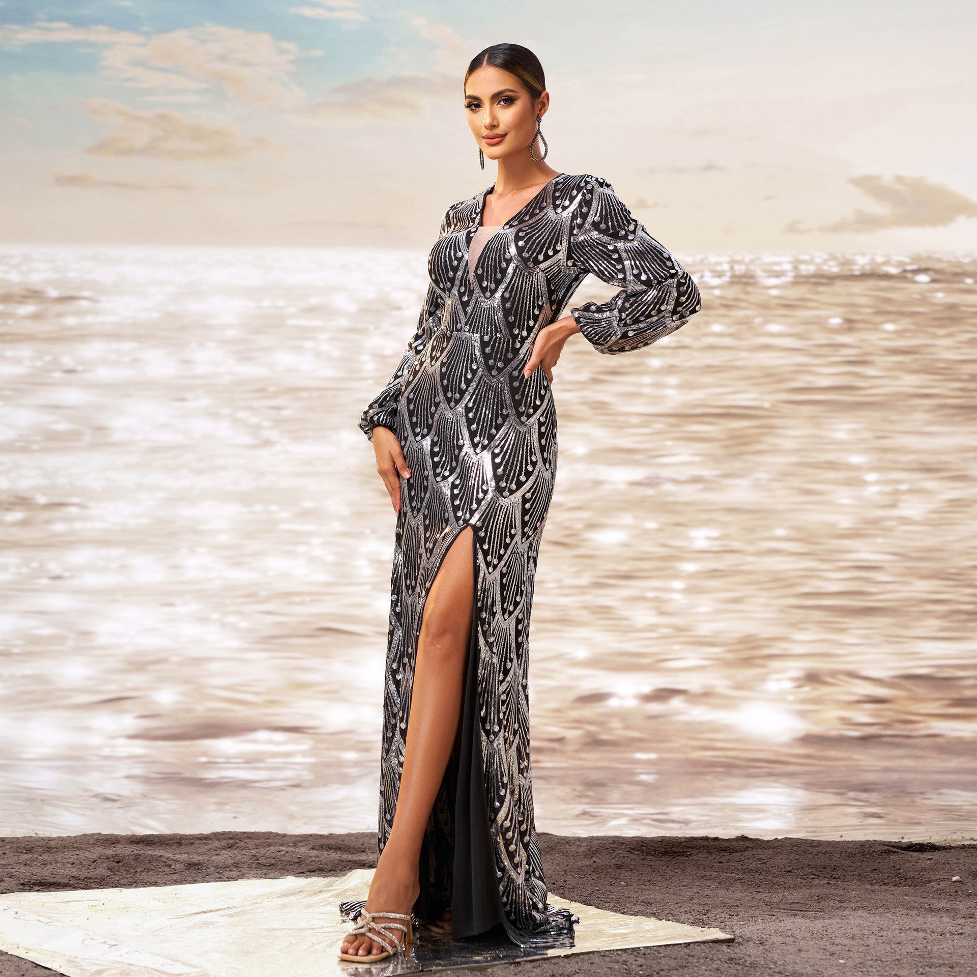 Luxury Long Sleeve V-Neck Formal Party Sequin Slim Slit Evening Dress Women Bridesmaid Gown 5