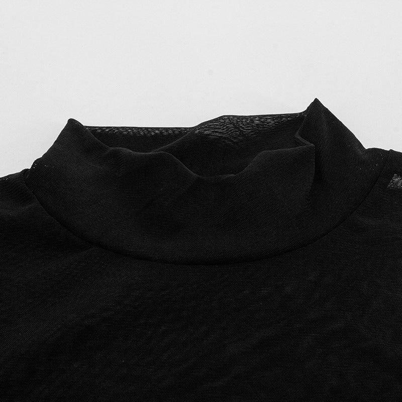 Solid Color Long-Sleeved Sexy Mesh Patchwork Feather Bodycon Short Slim Dress 11