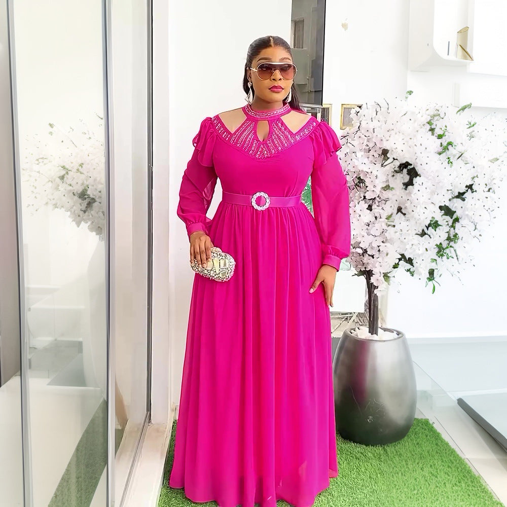 Plus Size Elegant Women Beaded Dress with Belt 4