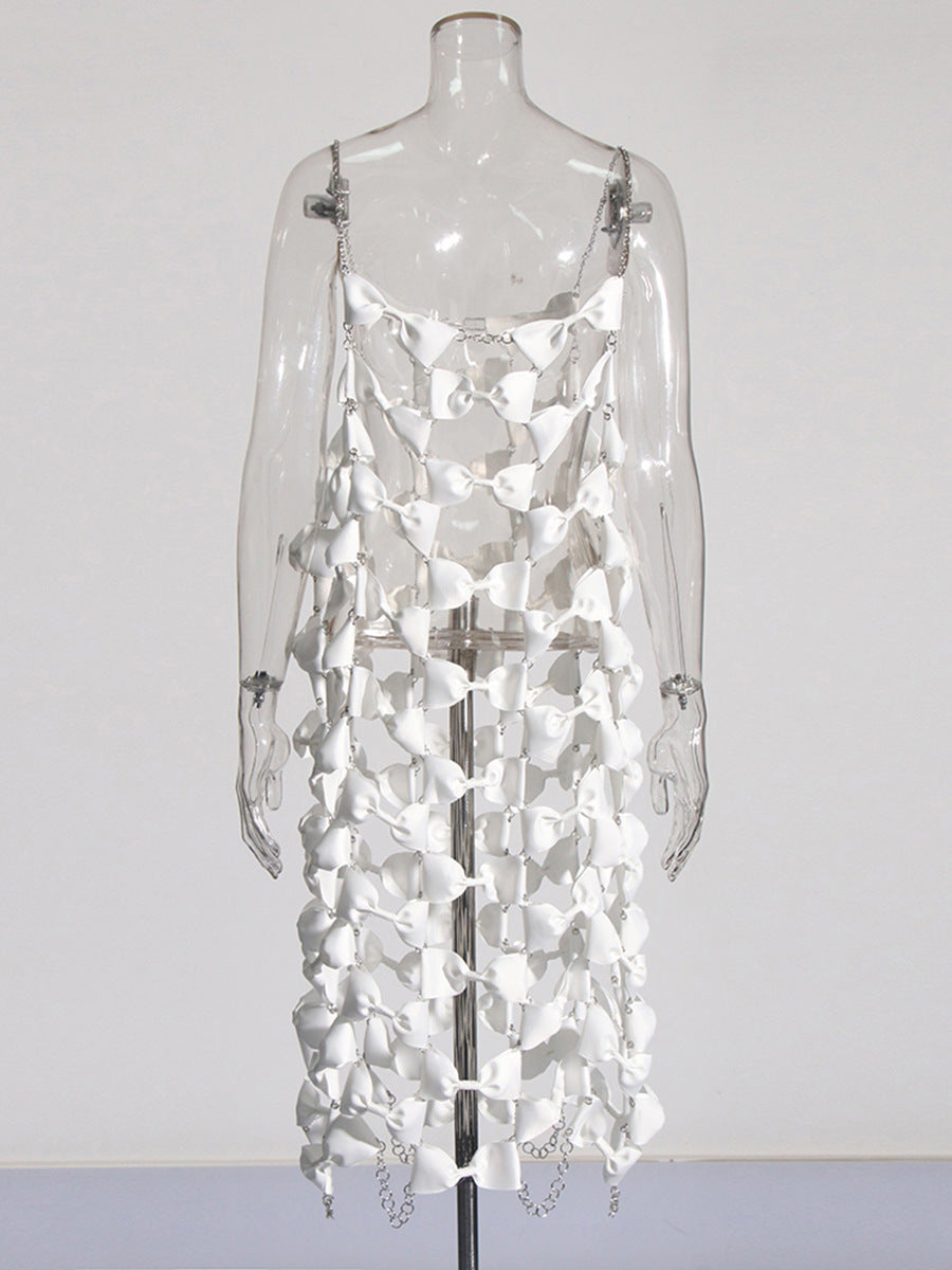 Sexy Solid Color Metal Chain Strap Bow Patchwork Dress 6