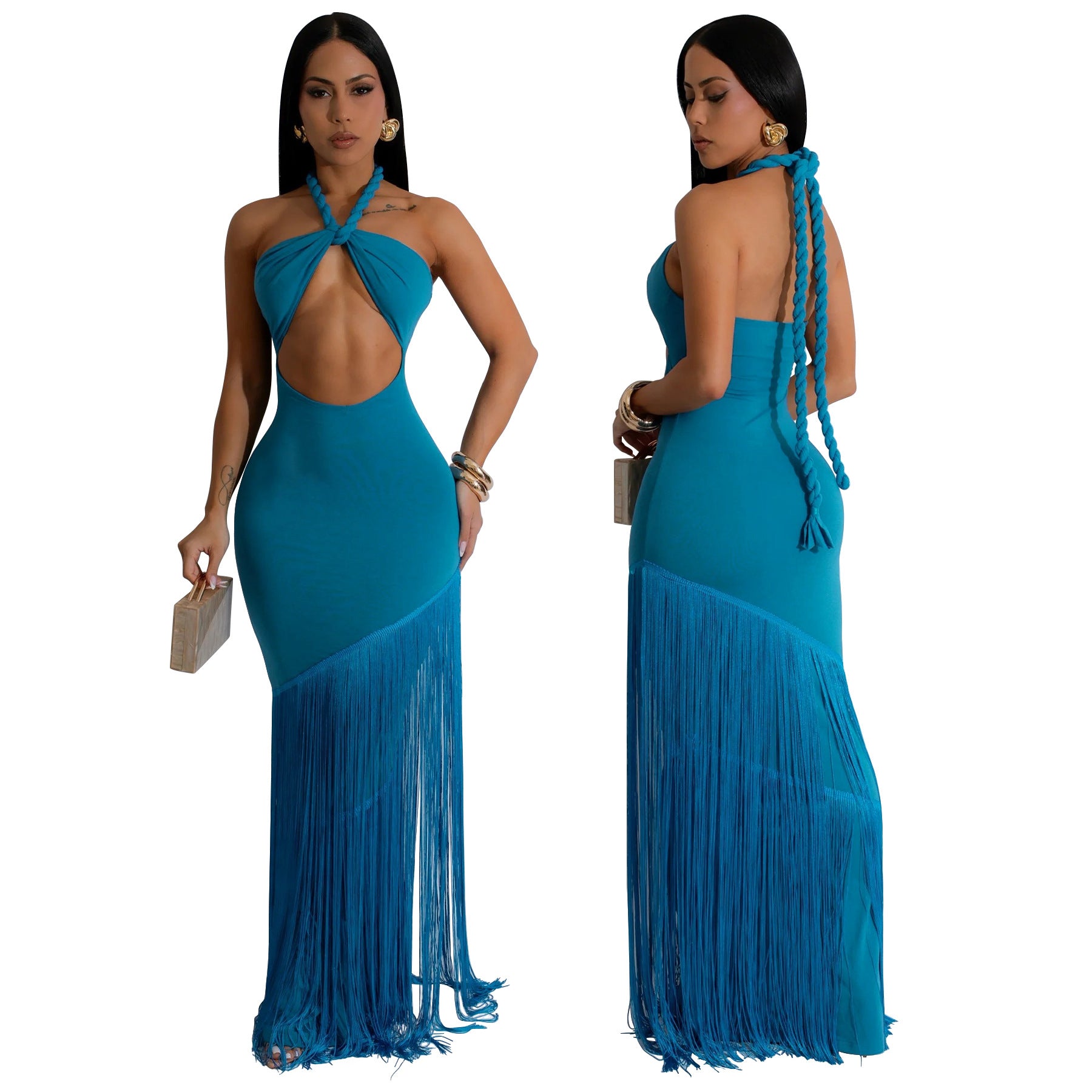 Women's Summer Tassel Patchwork Halter Strapless Bodycon Dress 4