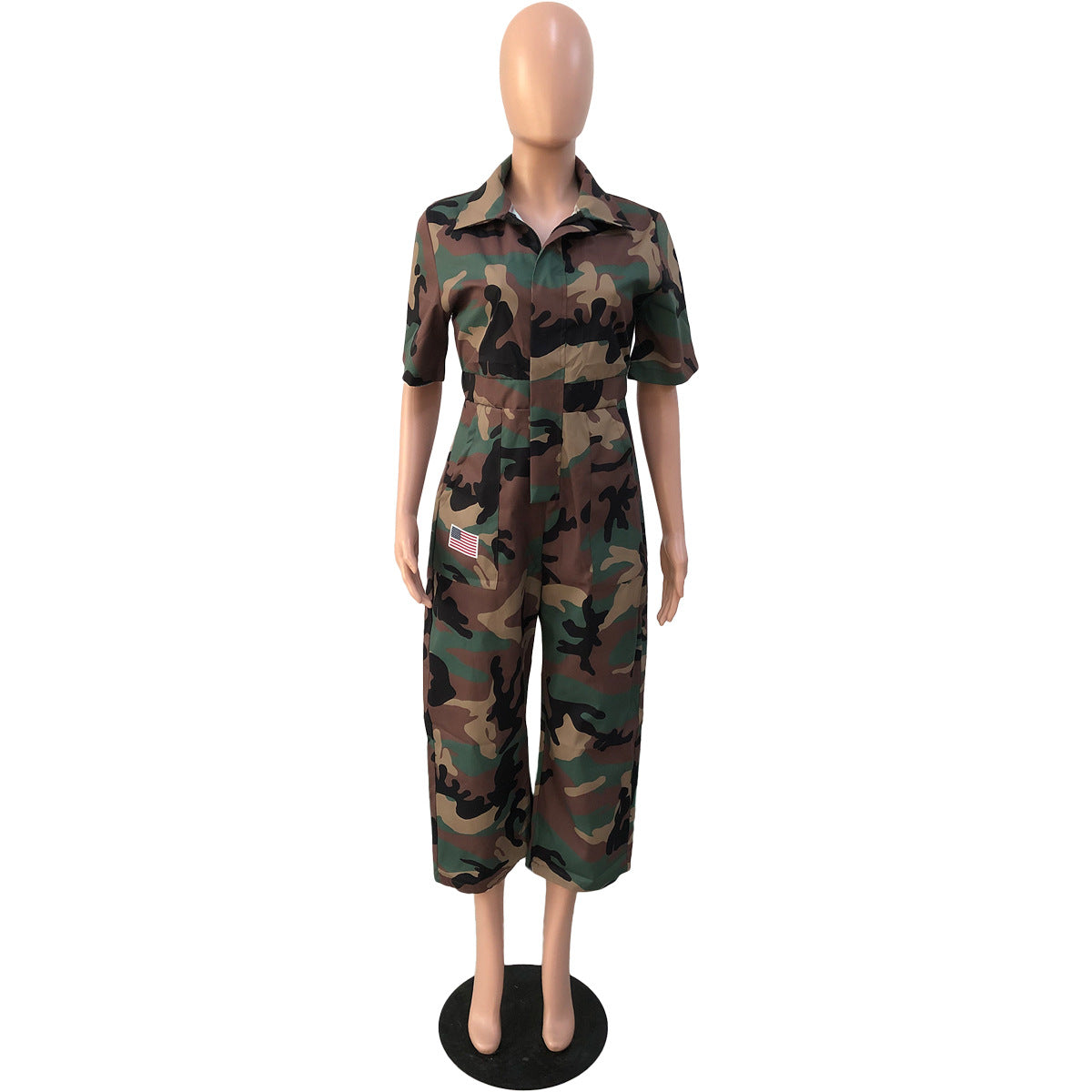Women Camouflage Print Pocket Turndown Collar Jumpsuit 9