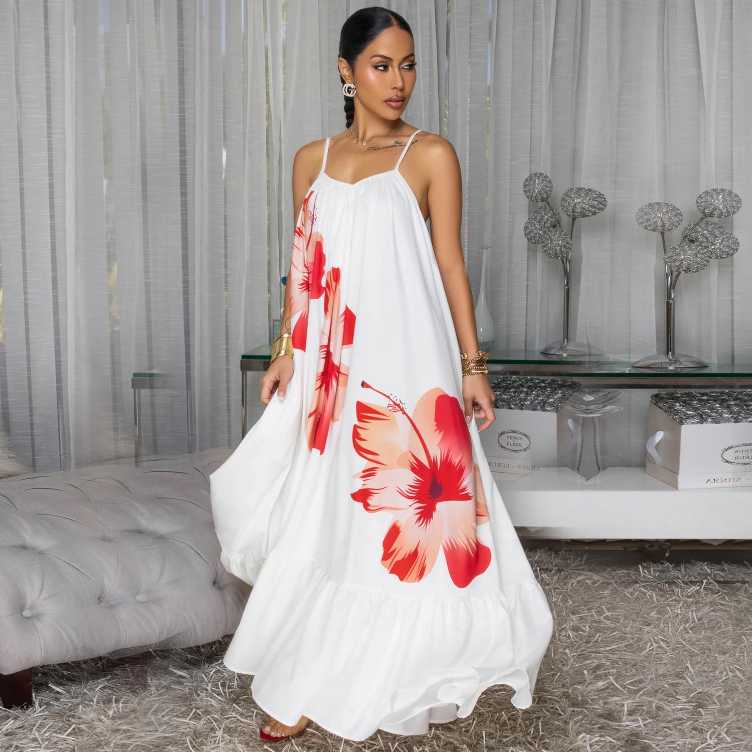 Fashion Women's Sexy Strappy Floral Print Low Back Maxi Dress 3