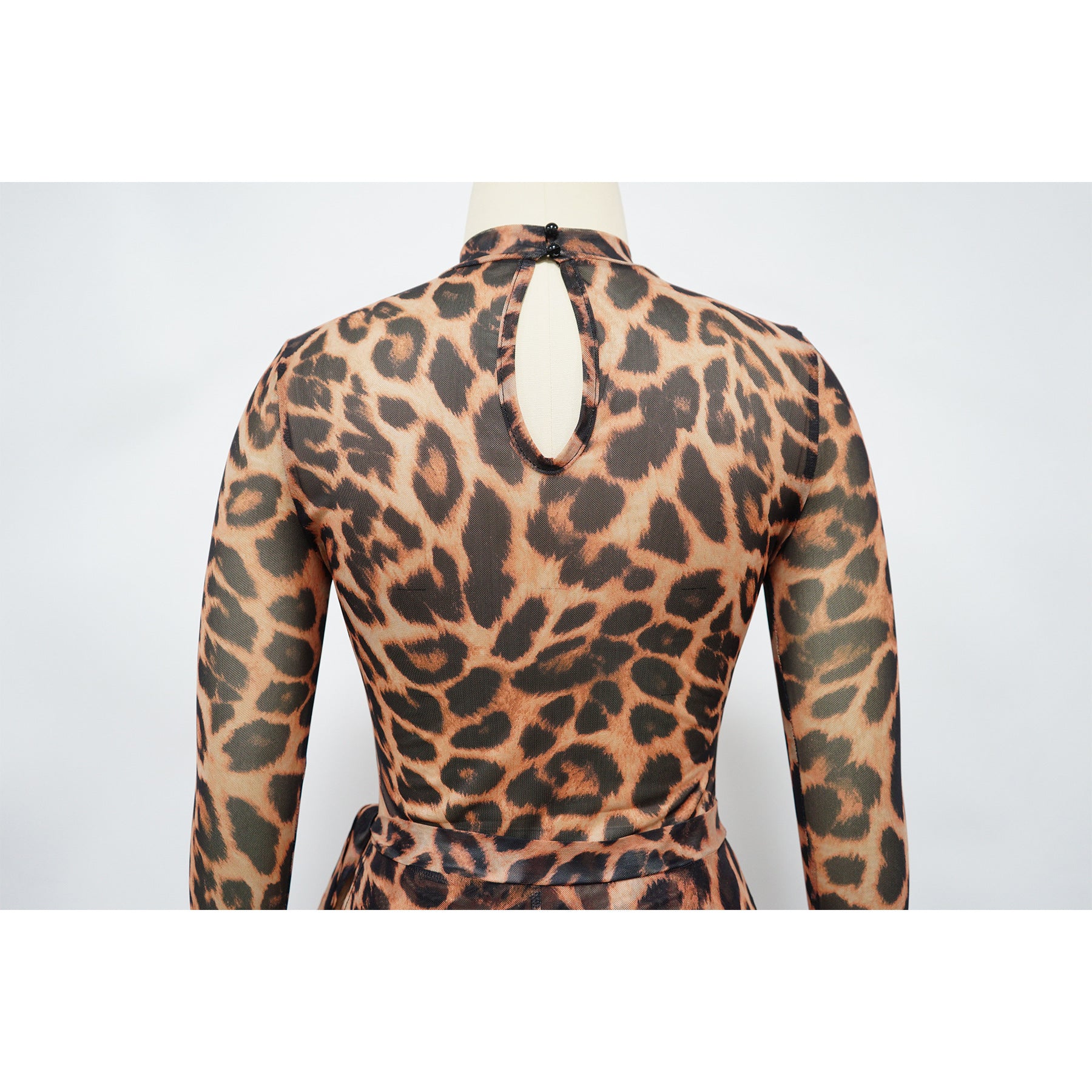 Women Sexy Leopard Print See-Through Bodysuit and Slit Skirt Two-Piece Set 14