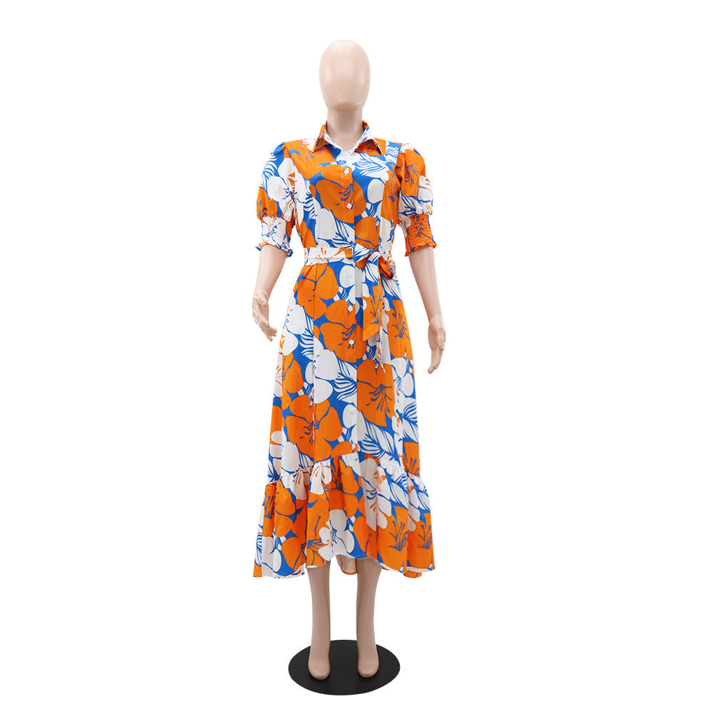 Women's Summer Print Turndown Collar Belt Slim Waist Long Dress 7