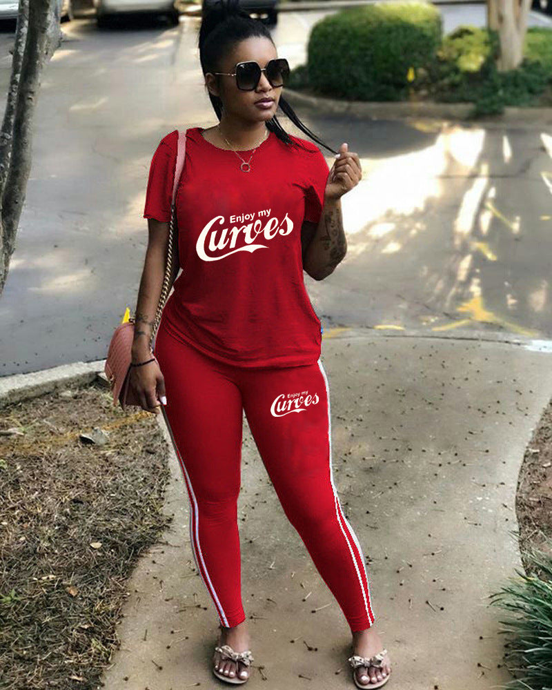 Women Casual Solid Print Short-Sleeved Top and Pants Two-Piece Set 5