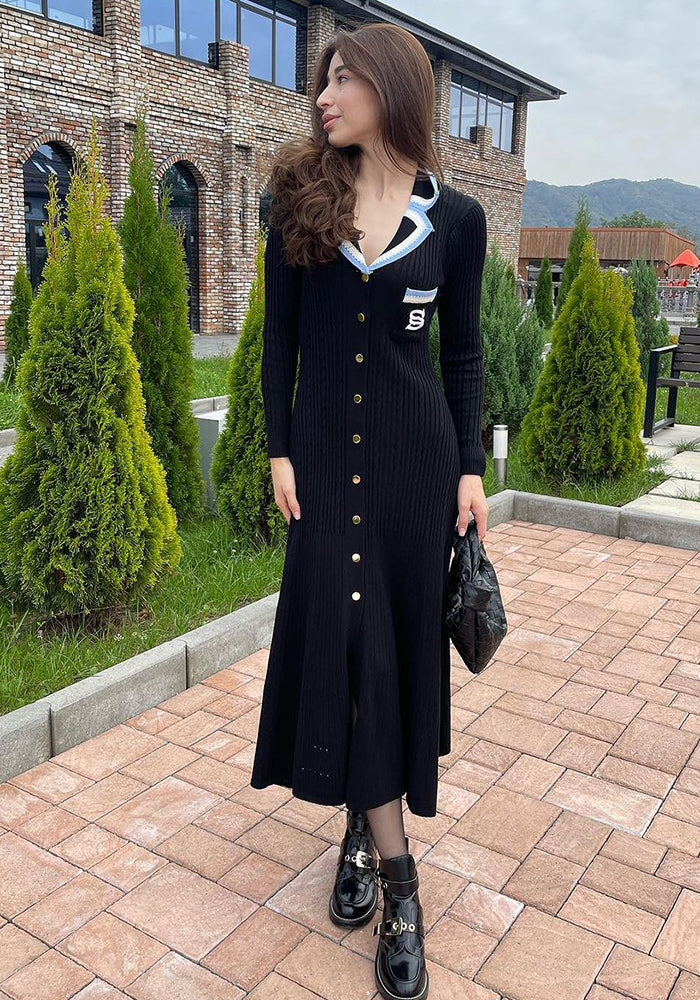 Female Long Sleeve Turndown Collar Slim Fit Chic Long Dress