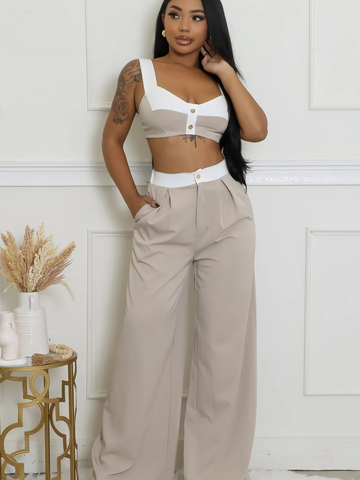 Women's Sleeveless Color-Block High-Waisted Wide-Leg Pants Set 11